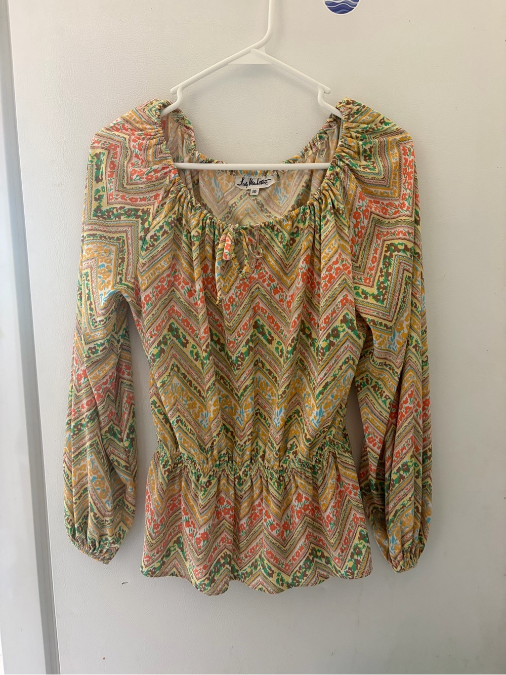 VINTAGE Lady Manhattan Multicolor Chevron Peasant Blouse - Green/Orange